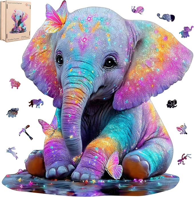 MEATRN Wooden Jigsaw Puzzle - Colorful Baby Elephant with Butterflies, 199 Pcs, 11.1x11.4 in, Animal Puzzles for Adults & Kids, Educational Brain Teaser Gift and Home Art Décor
