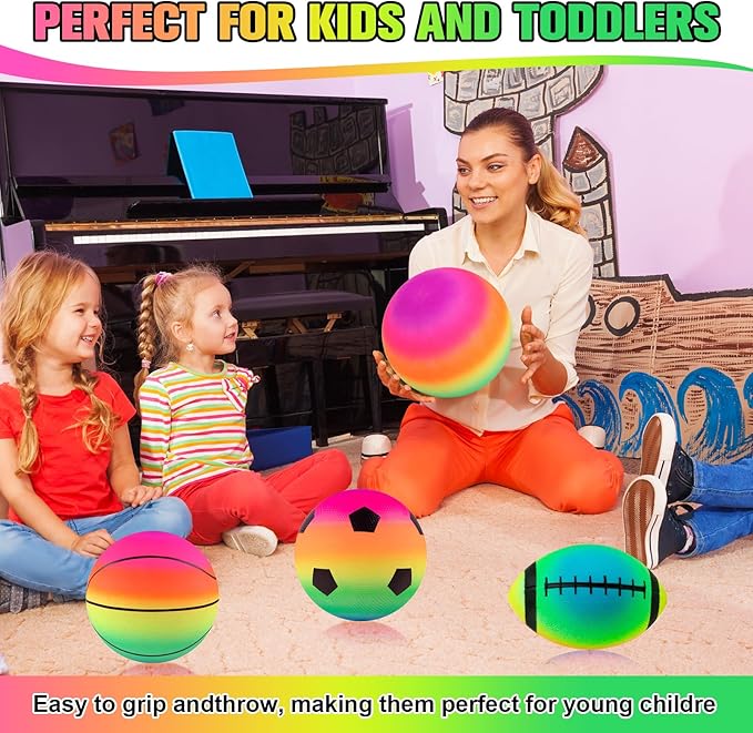Rainbow Sports Balls, 8 Pack 8.5" Bounce Neon Playground Balls Soccer Basketball Football Sports Rubber Kick Balls for Indoor Outdoor Activities Birthday Gift