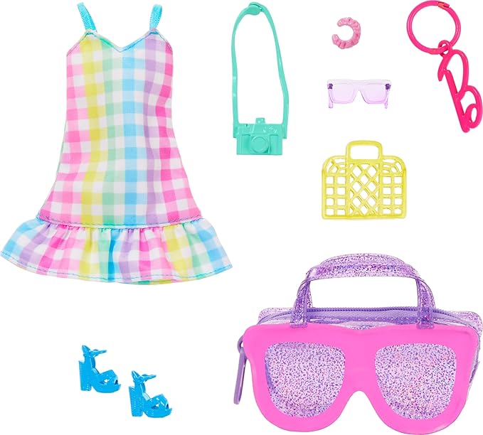 Barbie Clothes & Accessories, Deluxe Sunglasses-Shaped Bag with Keychain, Multicolor Gingham Dress & Summery Accessories for Fashion Dolls