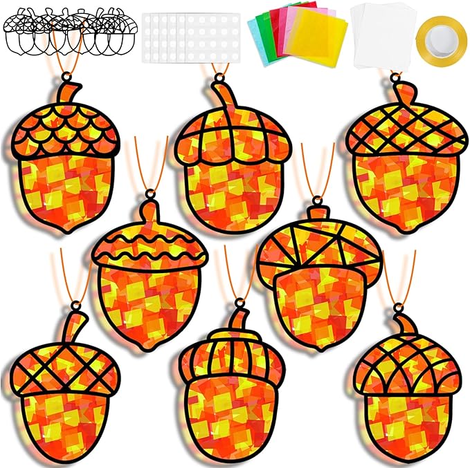 32 Sets Pine Cones Suncatchers Craft Kit DIY Window Stained Glass Effect Fall Autumn Pine Cones Paper Craft Home School Classroom Decoration Kid Birthday Gift Creative Art Project Activity Game