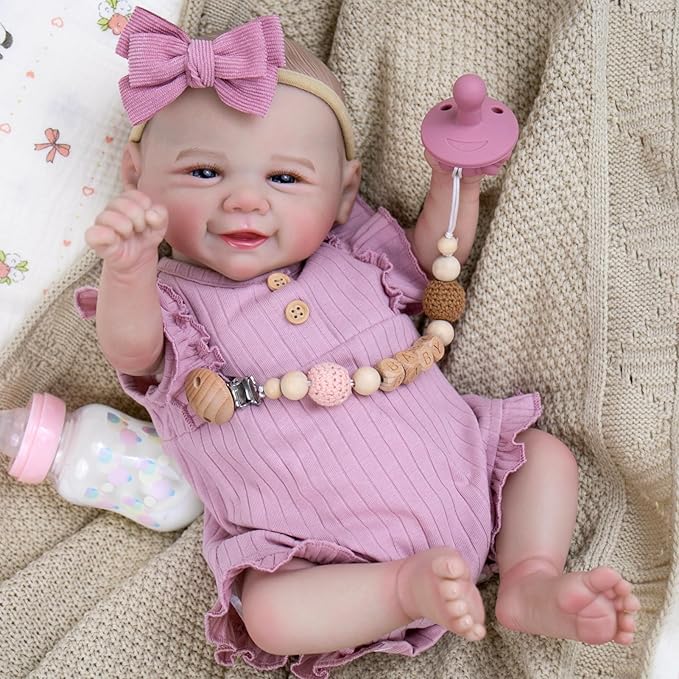Aori Lifelike Reborn Baby Dolls - 20 Inch Realistic Smiling Girl Newborn Baby Doll with Weighted Body for Cuddling Poseable Soft Vinyl Limbs with Purple Outfit Set for Girls 3+