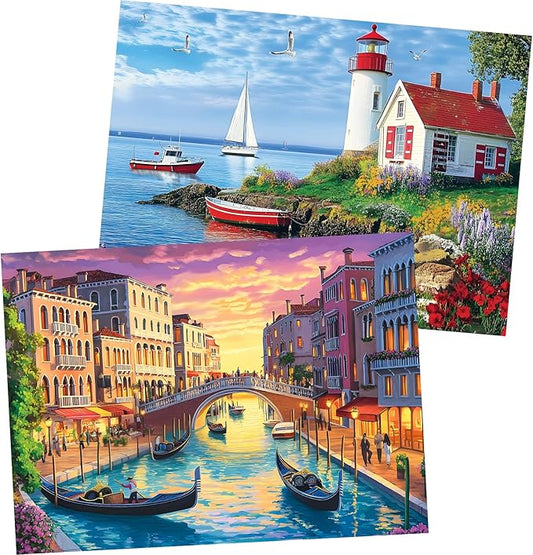 2 Pack 500 Pieces Puzzle for Adults,Beach Jigsaw Puzzles 500 Pieces City Building Puzzles Scenery Puzzle 500 Piece Premium Cardboard Jigsaw Puzzle for Tabletop Challenging Family Activity Gift Toy