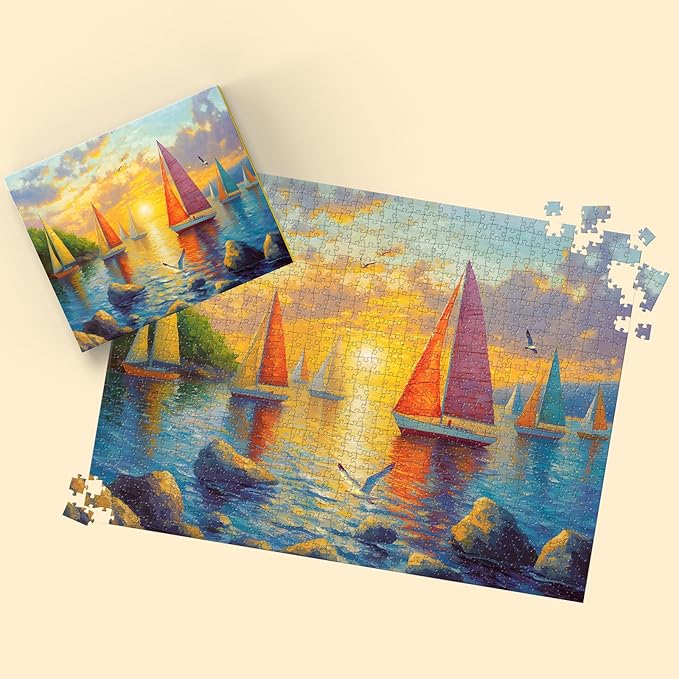 Puzzles for Adults 1000 Pieces, Ocean Sunset Sailing Jigsaw Puzzles 1000 Pieces - Sails Aglow, Summer Decor Impossible Puzzle, Finished Size 27.56 * 19.69", with 1:1 Poster, Letter on The Back