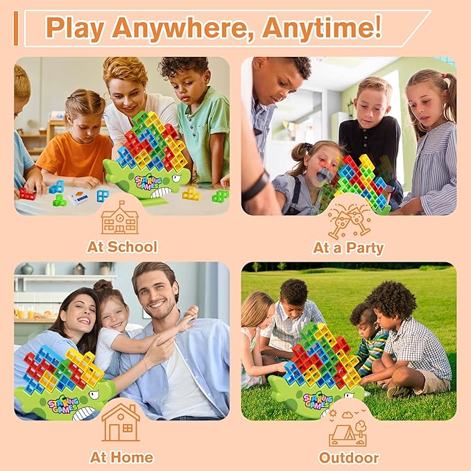 Dinosaur Tower Stack Game, 64PCS Large Smooth Blocks – Vibrant STEM Toy Gift for Kids 3+ & Adults | Stacking Balance Game Builds Focus & Creativity | Ideal for Classroom, Parties & Social Play