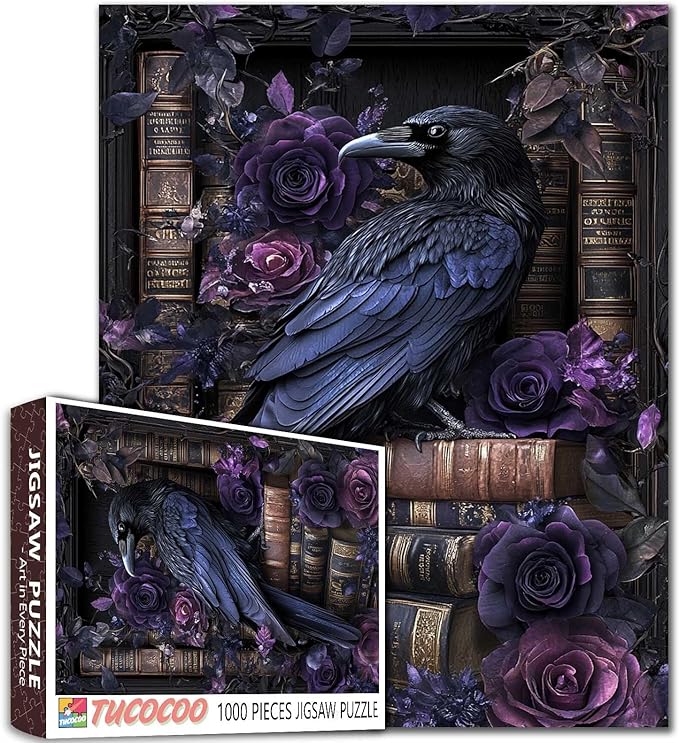 Halloween Purple Crow and Books Puzzle for Adults 1000 Pieces Raven Puzzle Intellectual Decompressing Fun Family Game Entertainment Toys Unique Home Decor Gifts 19.7 x 27.6 Inch