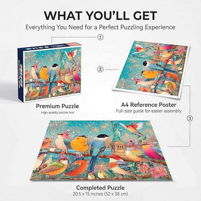 500 Piece Jigsaw Puzzle for Adults - Colorful Birds New York City Skyline Fireworks Night - Vibrant Songbird Art 20.5x15 in with Reference Poster - Unique Bird Lover Wall Art Gift