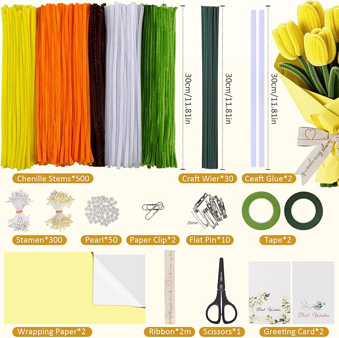 500 Pcs Pipe Cleaners Craft Kit for Flower Making, Complete DIY Bouquet Set with Chenille Stems, Craft Wire, Stamen, Tape, Ribbon & More, Perfect for Arts, Handmade Gifts & Decorations