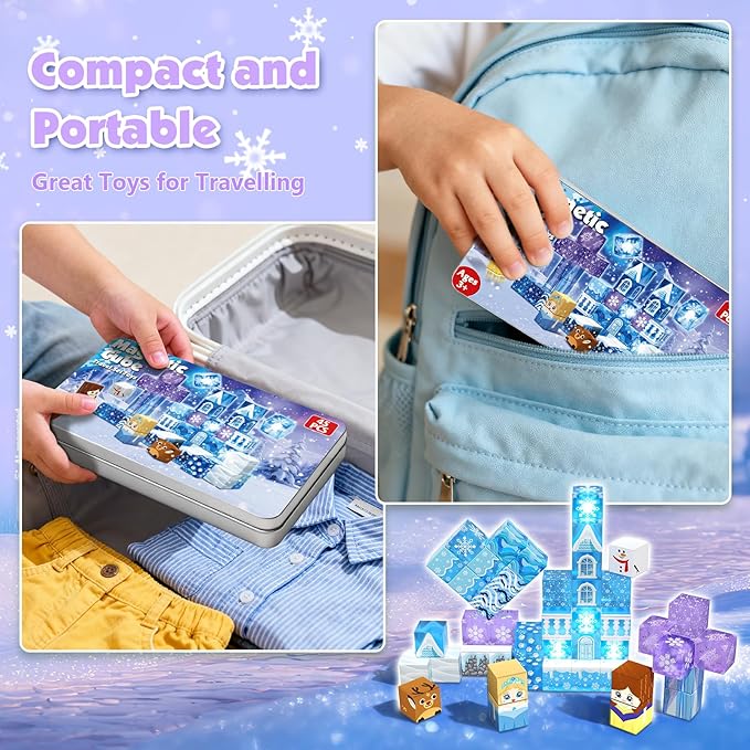 Magnetic Blocks, 45pcs Travel Toys Building Set with Magnetic Tin Box, Transparent & Light Up Magnet Cubes for Blue Snow Castle Build, Princess Toy Birthday Gift for Kid Girl 3+ Easter Basket Stuffers