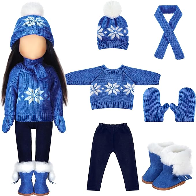 Bencailor 6 Pcs 18 Inch Christmas Doll Clothes and Accessories Winter Outfits Set Sweaters Trousers Hats Shoes Gloves for 18 Inch Doll Gifts(Blue)