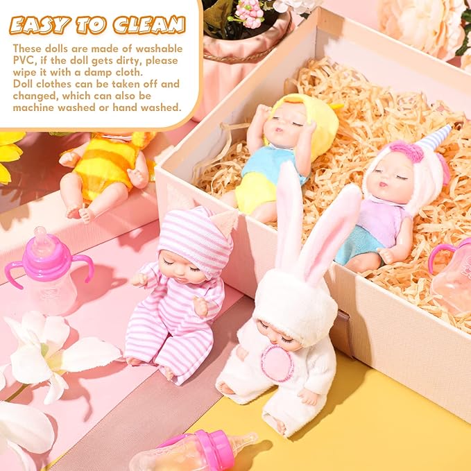 Retrowavy 10 Pcs 4 Inch Mini Baby Dolls Realistic Tiny Baby Doll Animal Clothes Cute Infant Figurine Gifts Set with 10 Pcs Nursing Bottles for Boys Girls Toddlers Kids 3+ Birthday Gift Big Fillers