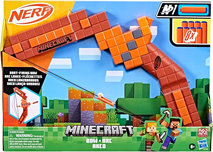 Nerf Minecraft Bow Dart Blaster, Pull-Back String Priming, 8 N1 Darts Compatible Only N1 Dart Blasters, Ages 8+