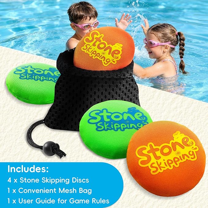 Water Stone Skipping Discs Set 4 Pack – Fun Pool Toys for Kids All Ages – Water Bouncing Skip Ball Toy for Boys & Girls – Best Games Gifts with Your Friends & Family at the Beach, Lake or Pool