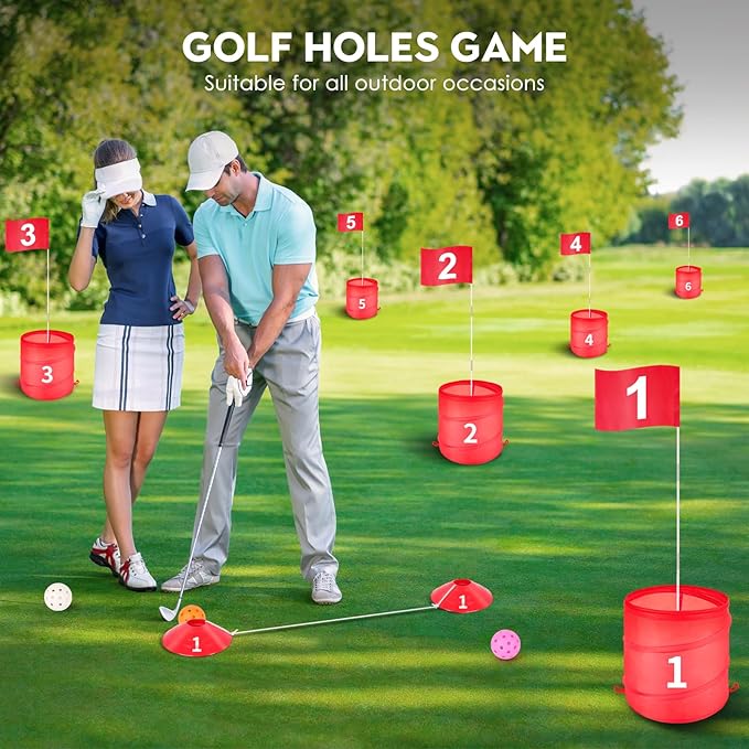 Golf Bucket Outdoor Yard Games, Golf Practice Toys for Family, Adults and Kids, Portable Golf Course for Backyard, Lawn, Park, Beach, Camping (6 Hole Course)