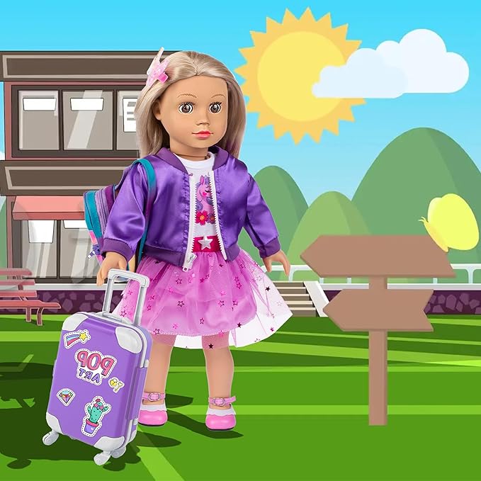 ebuddy 18 Inch Doll Clothes and Travel Accessories Set - Unicorn Themed Play Set for 18" Dolls, Includes Jacket, Skirt, Suitcase, Backpack & More (Doll Not Included)
