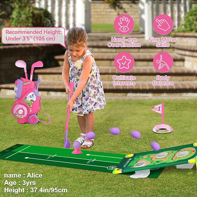 Toddler Golf Set for Boys Girls 1 2 3 4 Years Old, Upgraded Kids Golf Cart with Putting Mat & Cornhole Board, Outdoor Indoor Sports Toys, Pink