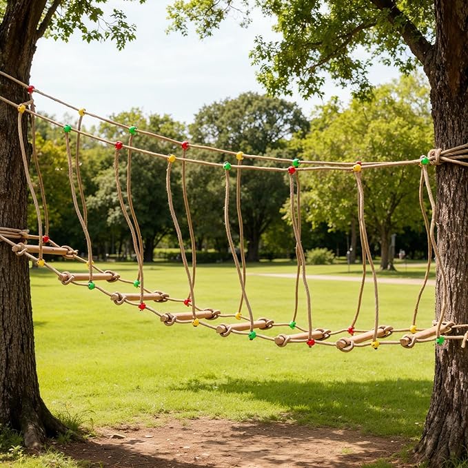 Goldmeet Outdoor Rope Bridge Ladder, 2M/6.56FT Climbing Rope Bridge for Outdoor Backyard Playground, Solid Wood Climbing Bridge Ladder for Equipment Sports Fitness Obstacle Training