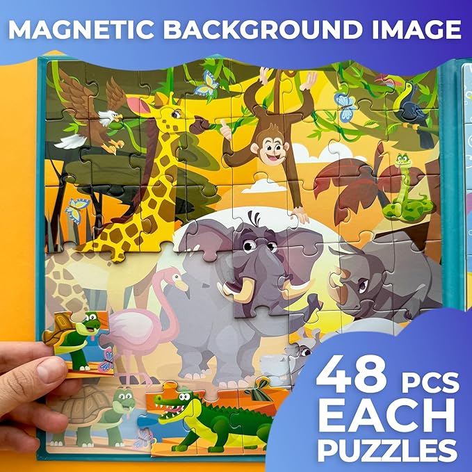 QUOKKA Magnetic Puzzles for Toddlers 3-5 – 2x48 Pieces Travel Games for Kids Ages 2-4 – Ocean & Africa Animals Magnetic Puzzles for Kids Ages 4-8 – Educational Puzzle Gift Toy for Boys and Girls