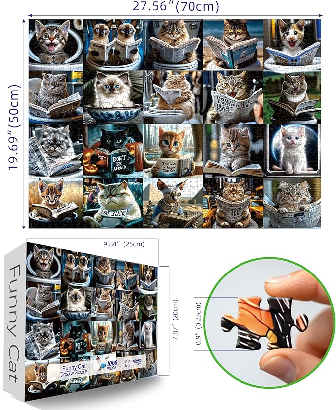 MINIWAN Funny Cats Reading On Toilet Puzzles for Adults 1000 Pieces, Humorous Whimsical Reading Cats Jigsaw Puzzle, Gift for Cat Lovers 27.55 x 19.7 Inch