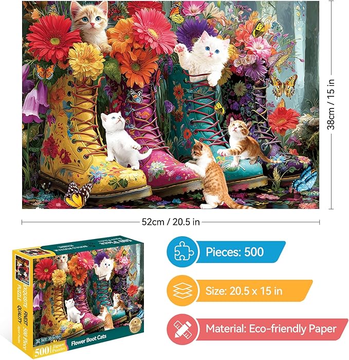 500 Pieces Puzzle for Adults, Puzzles for Adults 500 Pieces, Retro Martin Boots Cats Flowers Jigsaw Puzzle, Challenging Puzzle Perfect for Game Nights, 20.5 X 15 in