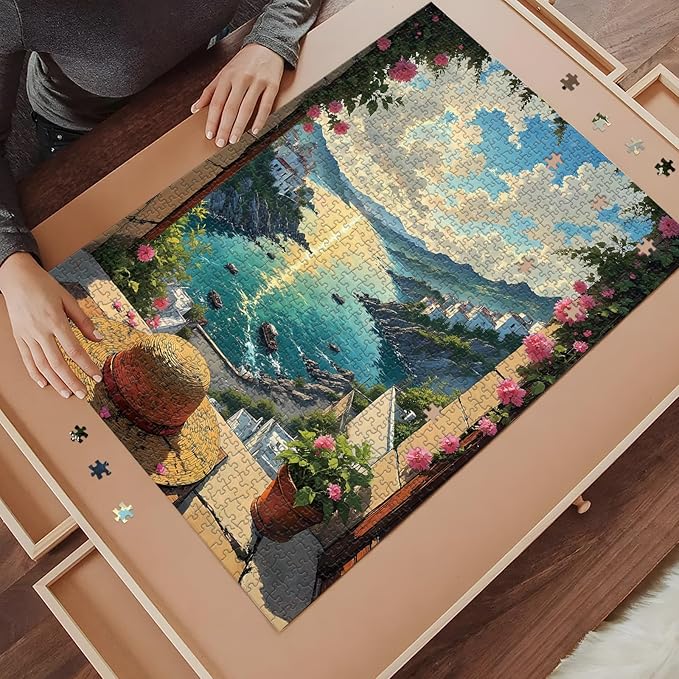 1000 Piece Puzzle for Adults Coastal Village Sunset View Jigsaw Puzzles with Letters on Back Family Impossible Challenging Puzzle Gift for Valentine Friends Parents(27.56x19.7 Inch)