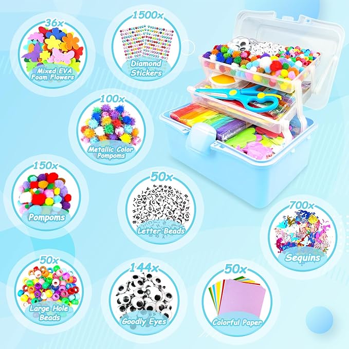3000 Arts and Crafts Supplies for Kids Craft Kit Craft Box with Pipe Cleaners Arts and Crafts for Kids Age 4-6, 6-8, 8-12 DIY School Supplies Materials Set Toys Gifts for Girls Boys Toddlers, Blue
