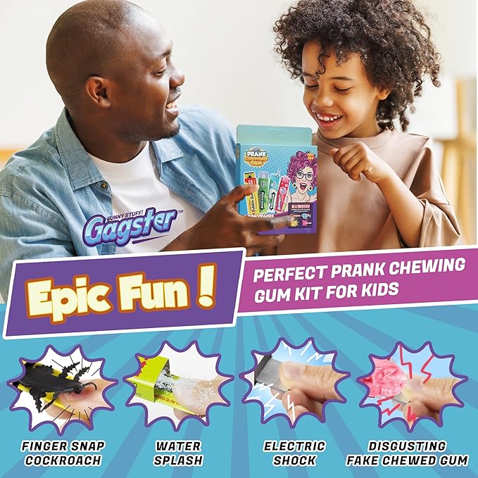 Gagster 4-in-1 Prank Chewing Gum Set – Shocking, Water Squirt, Cockroach Snapping, Fake Chewed Gum, Gag Gifts for Kids Adults, Work Pranks, April Fools, Practical Joke Toys Kit