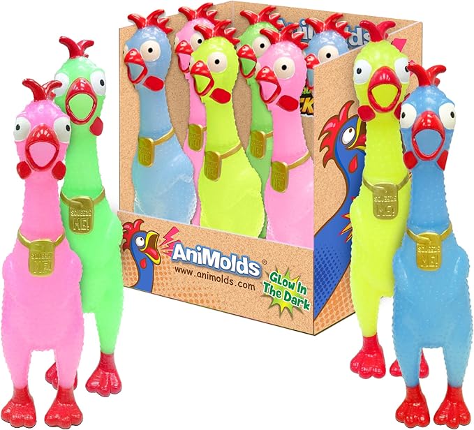 Animolds Squeeze Me Rubber Chicken Toy | Screaming Squeaky Chicken for Kids & Dogs | Novelty Prank Gag Gift (6 Pack Glow in The Dark)