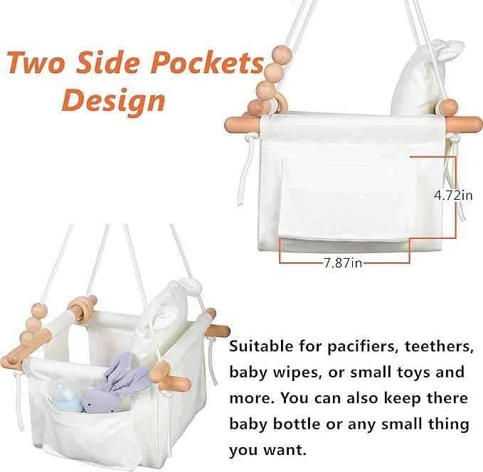 Canvas Baby Swing Seat Wooden Baby Hanging Swing Door Swing Baby Toddler Cream Indoor Baby swingSwing with Safety Belt and 2 Side Pockets for Indoor Playground Sport & Outdoor Play Toys