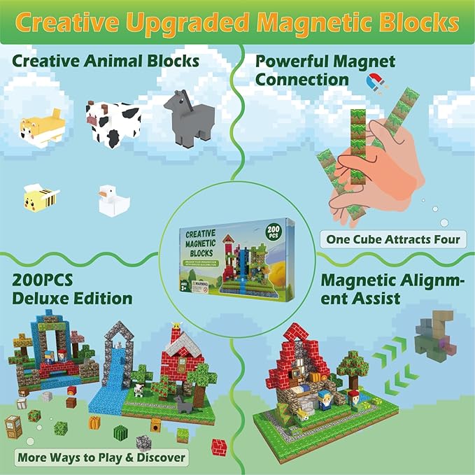 200 PCS Magnetic Blocks - Upgraded STEM Building Toys for Kids Featuring 5 Colorful Animal-Shaped Blocks, Magnetic Tiles for Kids 3+ Boys and Girls Christmas Birthday Gifts