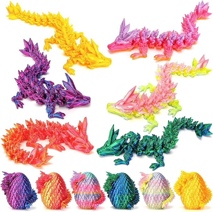 6PCS Mini 3D Printed Dragon Dinosaur Egg, Prefilled Easter Eggs Filled Dragon Eggs Toys Filled,3D Printed Dragon in Egg,Crystal Dragon Figurine Decor,Full Articulated Dragon