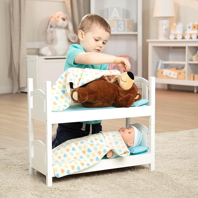 Melissa & Doug Mine to Love Wooden Play Bunk Bed for Dolls up to 18 inches-Stuffed Animals - White (2 Beds, 17.4”H x 9.1”W x 20.7”L Assembled and Stacked)