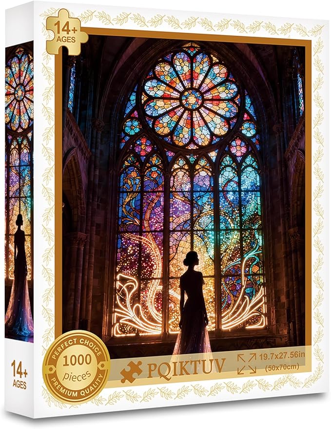Cathedral Stained Glass Jigsaw Puzzle 1000 Pieces for Adults - Neon Light Effect Puzzle, Impossible Challenge Puzzle Decorative Wall Art for Living Room, Unique Gift 50x70cm (19.7x27.56in)