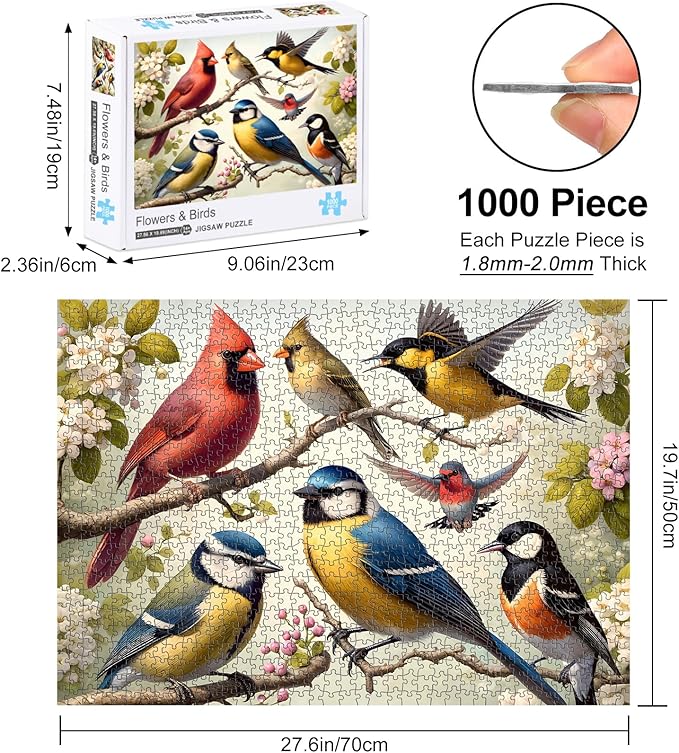 Rocorose 1000 Piece Puzzle for Adults, Colorful Birds and Flowers Puzzle with Exquisite Poster, Challenging Spring Garden Animal Songbirds Cardinals Puzzles Game