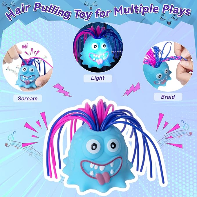 Fidget Toys Hair Pulling Stress Relief Toys with LED Light Differernt Screams Novelty Screaming Monster Toys for Adults Teens Autism (Blue&Purple, 2P)