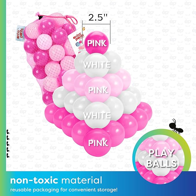 Antsy Pants 100 Ball Pit Balls, Ball Pit for Toddlers 1-3, Non-Toxic Materials, Lightweight, Reusable Storage Bag, Plastic Balls for Ball Pit, Sensory Toys for Kids, Pink/White