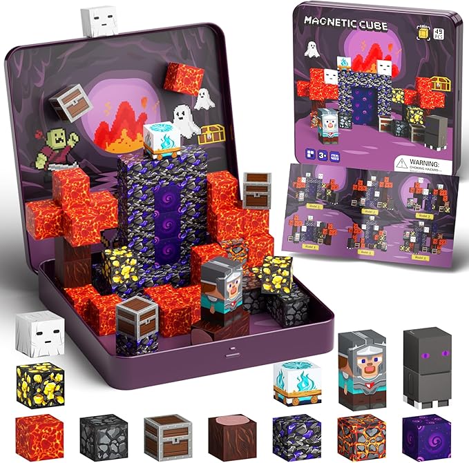 Mini Magnetic Blocks, Magnetic Cubes Game with Iron Box 49 PCS Magnet Tiles Building Blocks Toddler Toy STEM Sensory Outdoor Creative Kids Travel Toys for 3+ Year Old