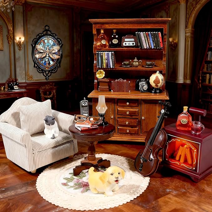 1：12 Scale Miniature House Furniture Set Classic Mini Furniture Sofa Set with Pillows Mini Couch Carpet Wooden Furnitures Bookshelf Desk Chair Living Room Scene Decor