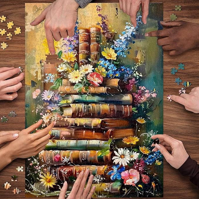 Vintage Book Puzzle for Adults，PICKFORU Wildflower Pages Jigsaw Puzzle 1000 Pieces,Retro Plant Floral Puzzle, Book Aesthetic Puzzle for Book Lover