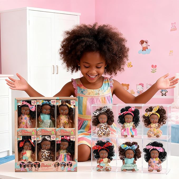 dollbie Adorable 6 Pack African Girl Dolls - Posable 4-Inch African American Dolls with Curly Hair & Stylish Outfits