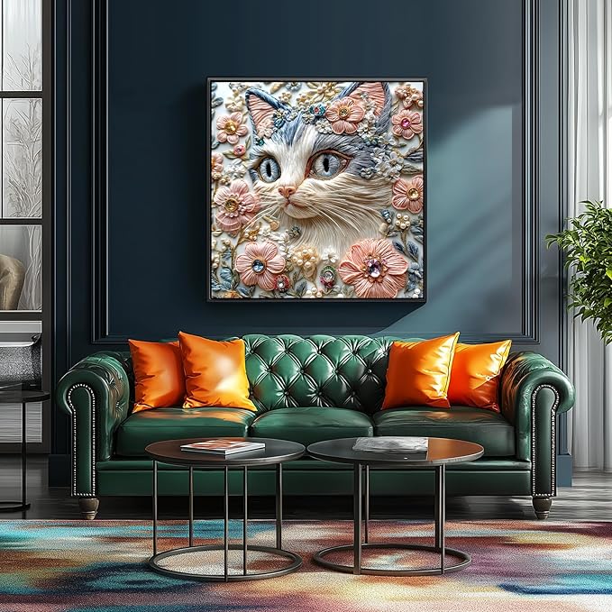MINIWAN 500 Piece Puzzles for Adults, Exquisite Embroidered Floral Cat with Gems Pearls Jigsaw Puzzle, Challenging Large Piece Art Puzzle Home Wall Decor Gift for Cat Lovers Women 20x20 Inches