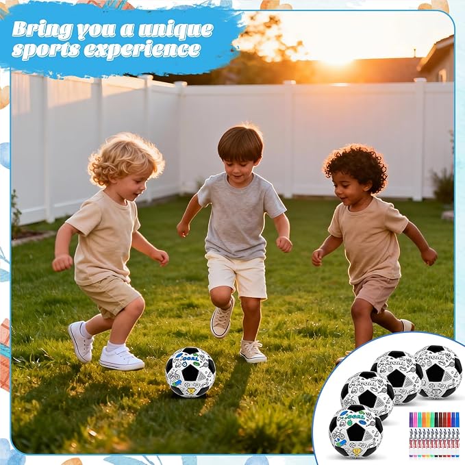 4 Pack Size 2 Color Your Own Soccer Ball Black DIY Custom Soccer Ball Craft Kit with Pump 12 Markers Personalized Youth Toddler Training Soccer Ball Paint Your Own Toy Creative