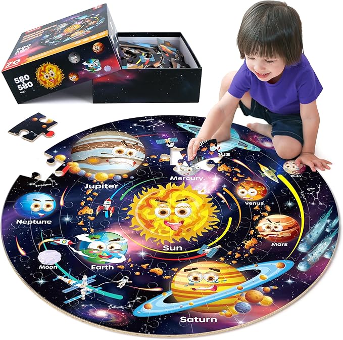 SYNARRY Solar System Floor Puzzles for Kids Ages 4-8, Large 70 Piece Jigsaw Puzzles for Kids Ages 4-6, Space Planet Astronaut Toys Puzzles, Preschool Learning Toys, Easter Basket Stuffers for Boy Girl