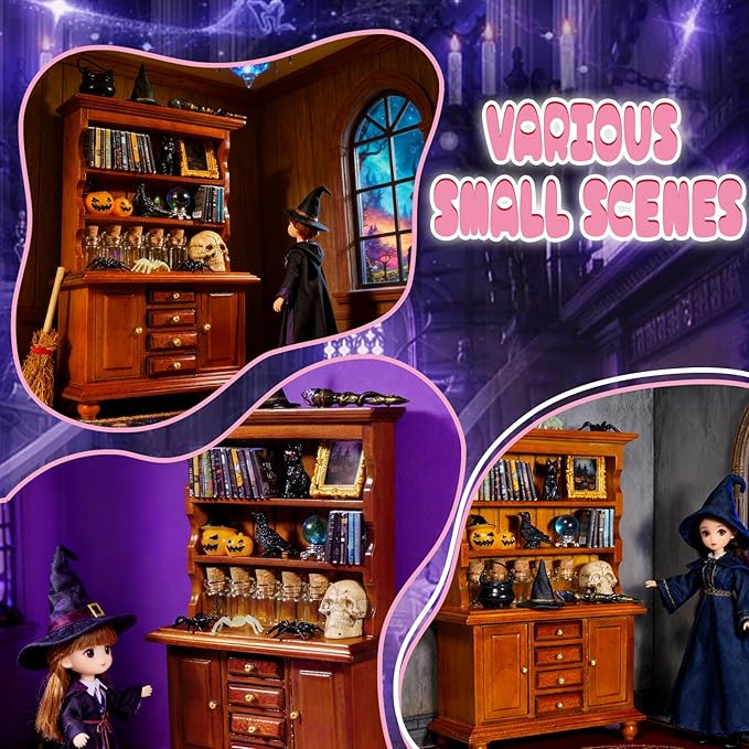 Rileryan 53 Pcs 1:12 Scale Magic Witchy Mini House Kit Halloween Miniatures Accessories Wooden Furnitures Bookshelf Bookcase 30 Mini Books Halloween Decoration