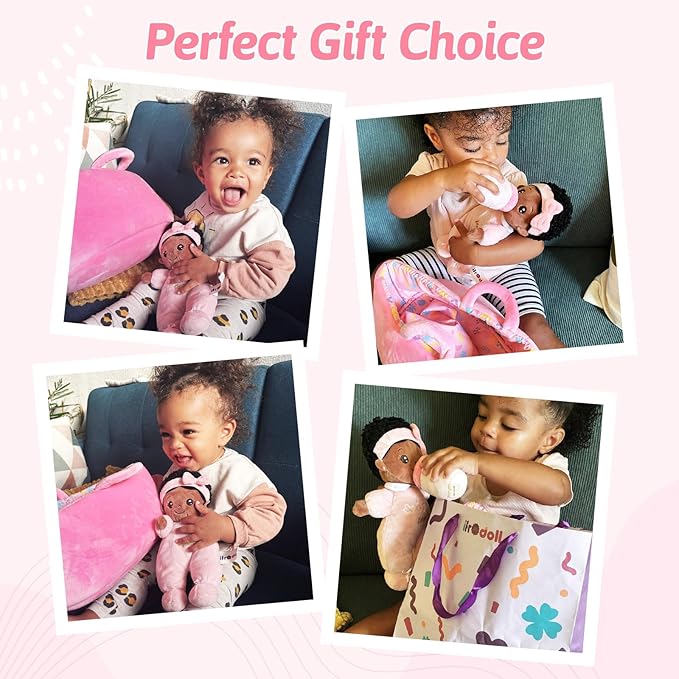 OUOZZZ 10" Black Baby Doll for 2 Year Old Girls Set with Soft Doll, Bassinet, Blanket and Bottle, Interactive Pretend Playset for Social Emotional Learning, Birthday Gift for 2 Year Olds Girls