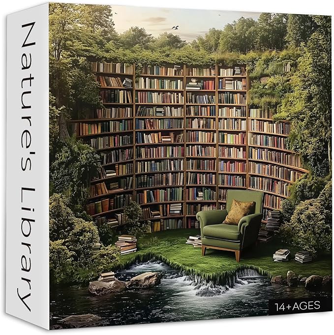 PICKFORU Natural Library Puzzles for Adults 1000 Pieces, Vintage Forest Bookshelf Jigsaw Puzzles, Challenging Landscape Puzzle for Book Lover