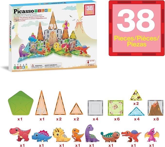PicassoTiles Magnet Tiles Building Blocks Dinosaur Theme Set with 8 Magnetized Action Figures Magnetic Construction Build and Play Toy with Magnets STEM Learning Activities for Toddlers 3+ PTQ13