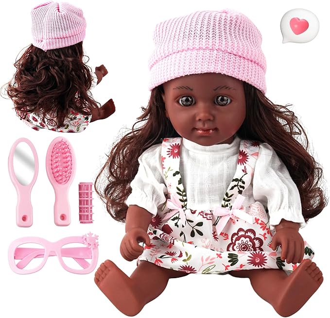 SMILESSKIDDO Baby Doll, 12 inch Black Interactive Talking Doll with Hair, Mirror, Comb Accessories, Soft Vinyl Body & Sounds – Perfect Pretend Play Toy for Toddlers Girls 2 3 4 5 6