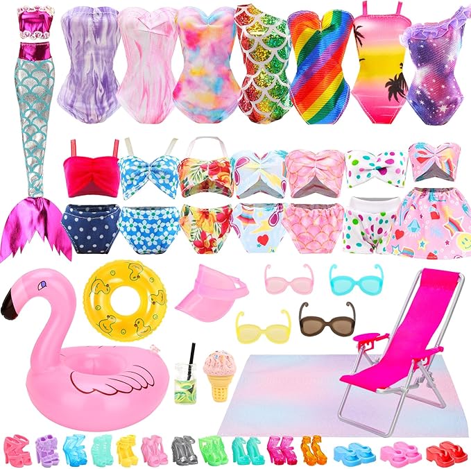 Lot 25 Pack Doll Bathing Suits Pool Accessories Set for 11.5 inch Girl Dolls - 6 pcs Swimsuits, 2 Pool Floaties, 4 Sunglasses, 8 Shoes, 1 Beach Chair, 1 Beach Towel and 3 Accessories