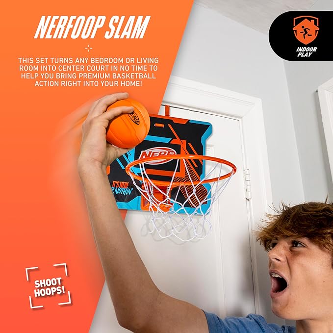 NERFOOP Slam Mini Basketball Hoop Set - Pro Hoop Mini Basket Set with NERF Foam Basketball - Spring Loaded Rim Great for Dunking - Perfect Bedroom + Office Accessory