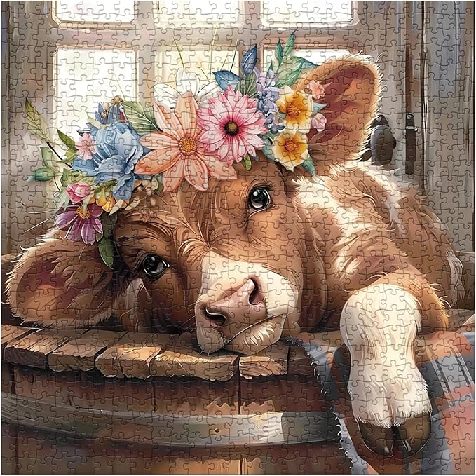 Cute Highland Cow Puzzles for Adults 1000 Pieces, Art Colorful Flower Animal Cattle Jigsaw Puzzle, Funny Plant Wildflower Pages Calf Puzzle
